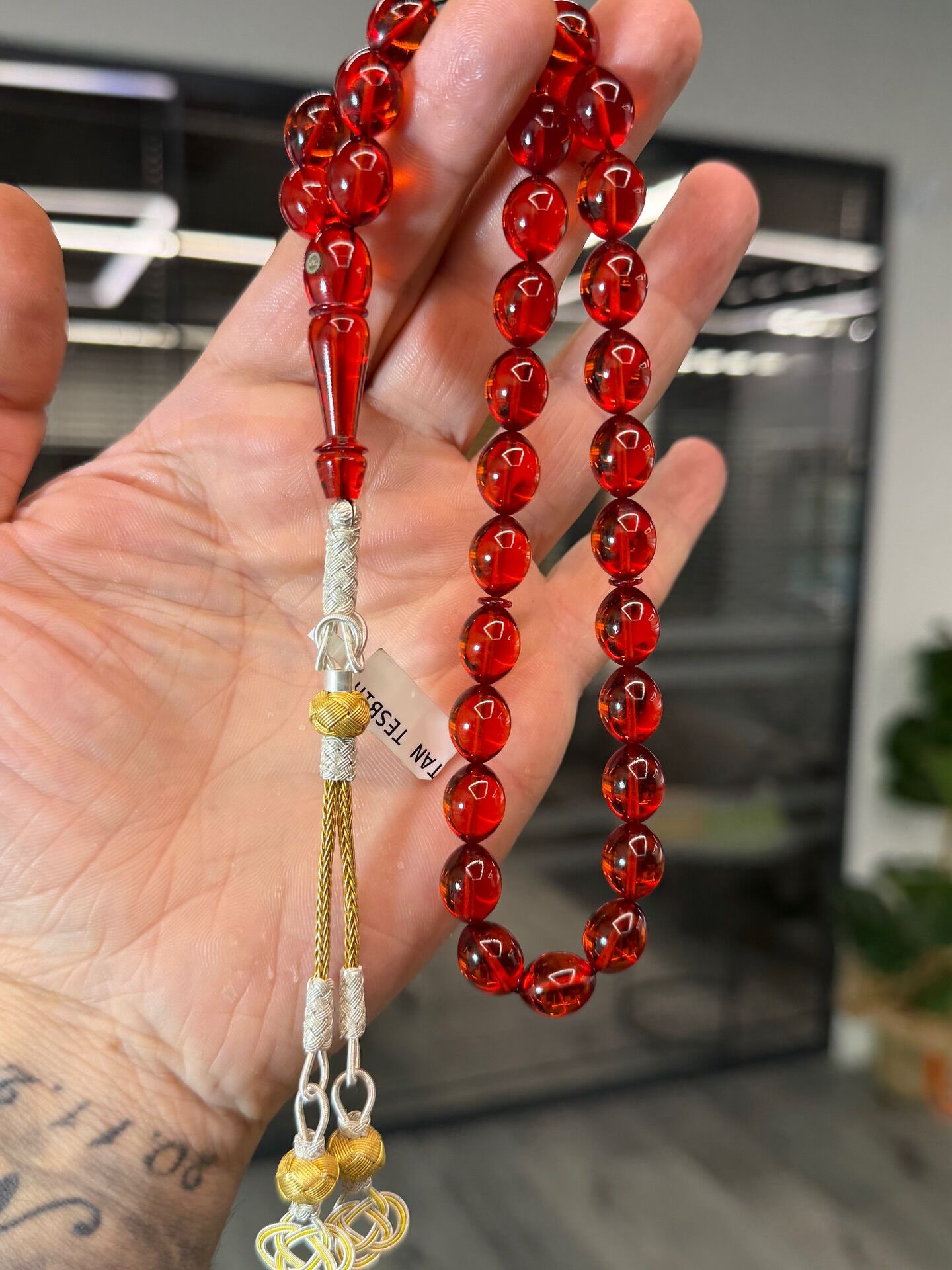 Gümüş Kazaz Püsküllü Ateş Kehribar Tesbih - Usta İşi