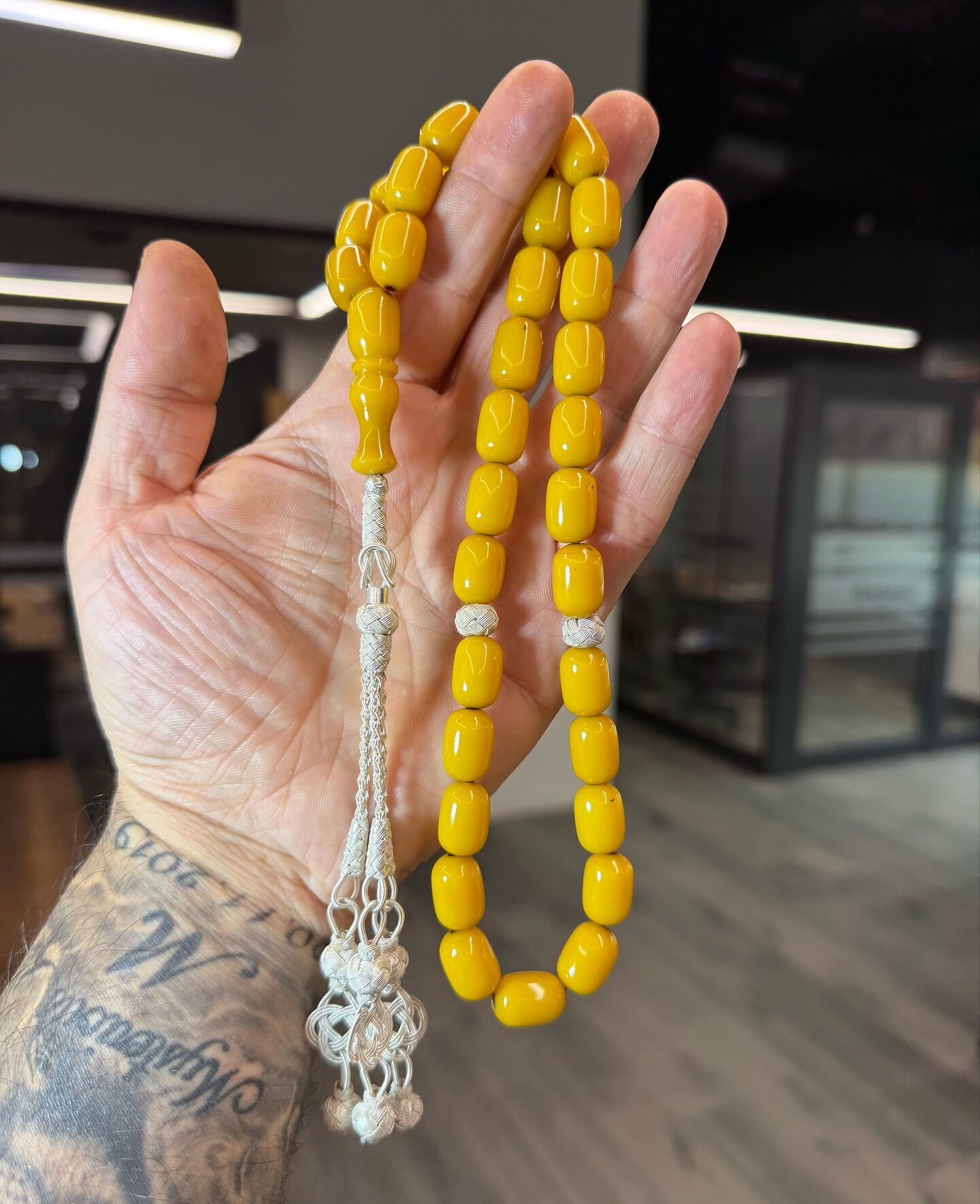 Gümüş Kazaz Püsküllü Ateş Kehribar Tesbih