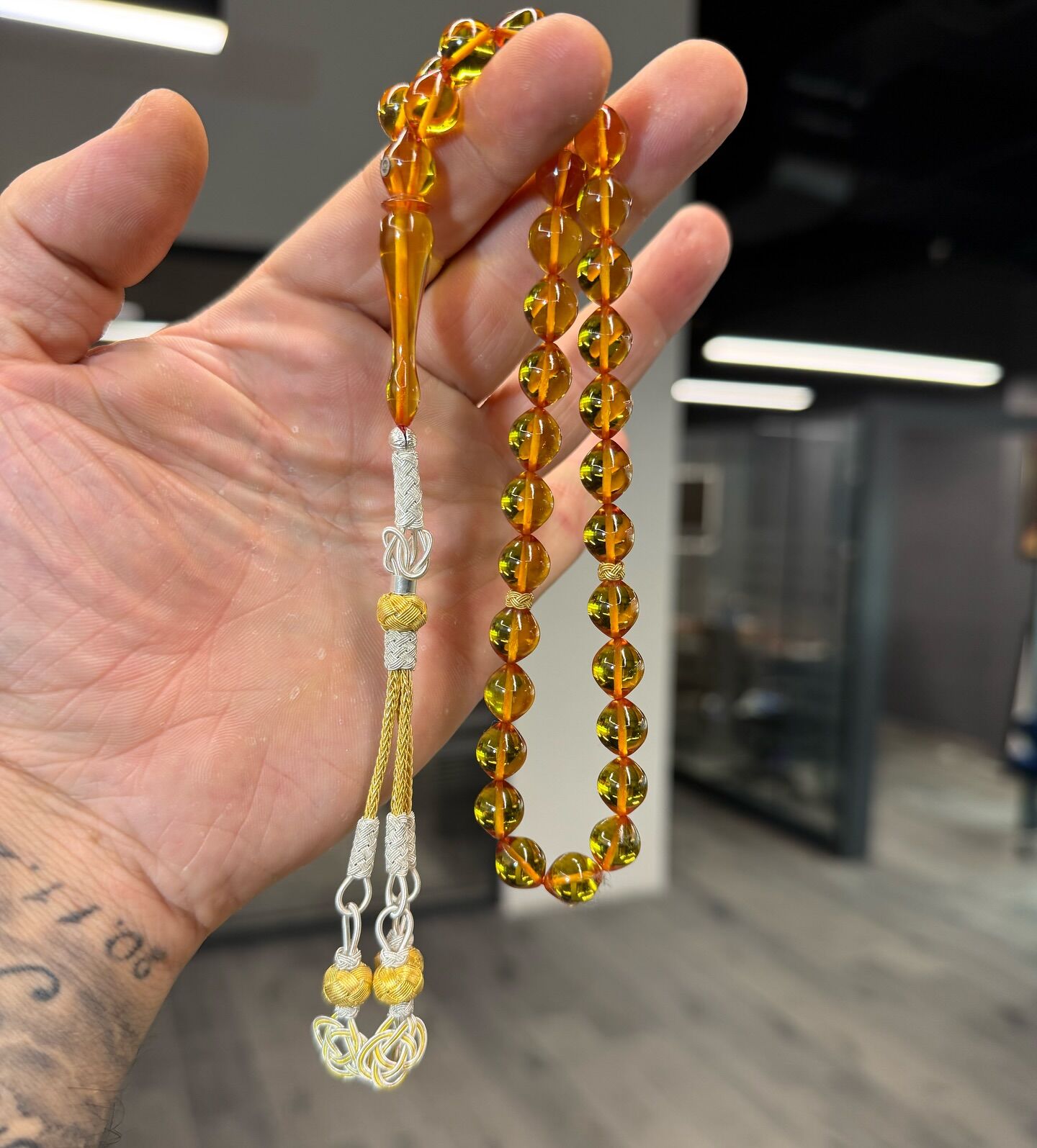 Kazaz Gümüş Püsküllü Kehribar Tesbih - Usta İşi