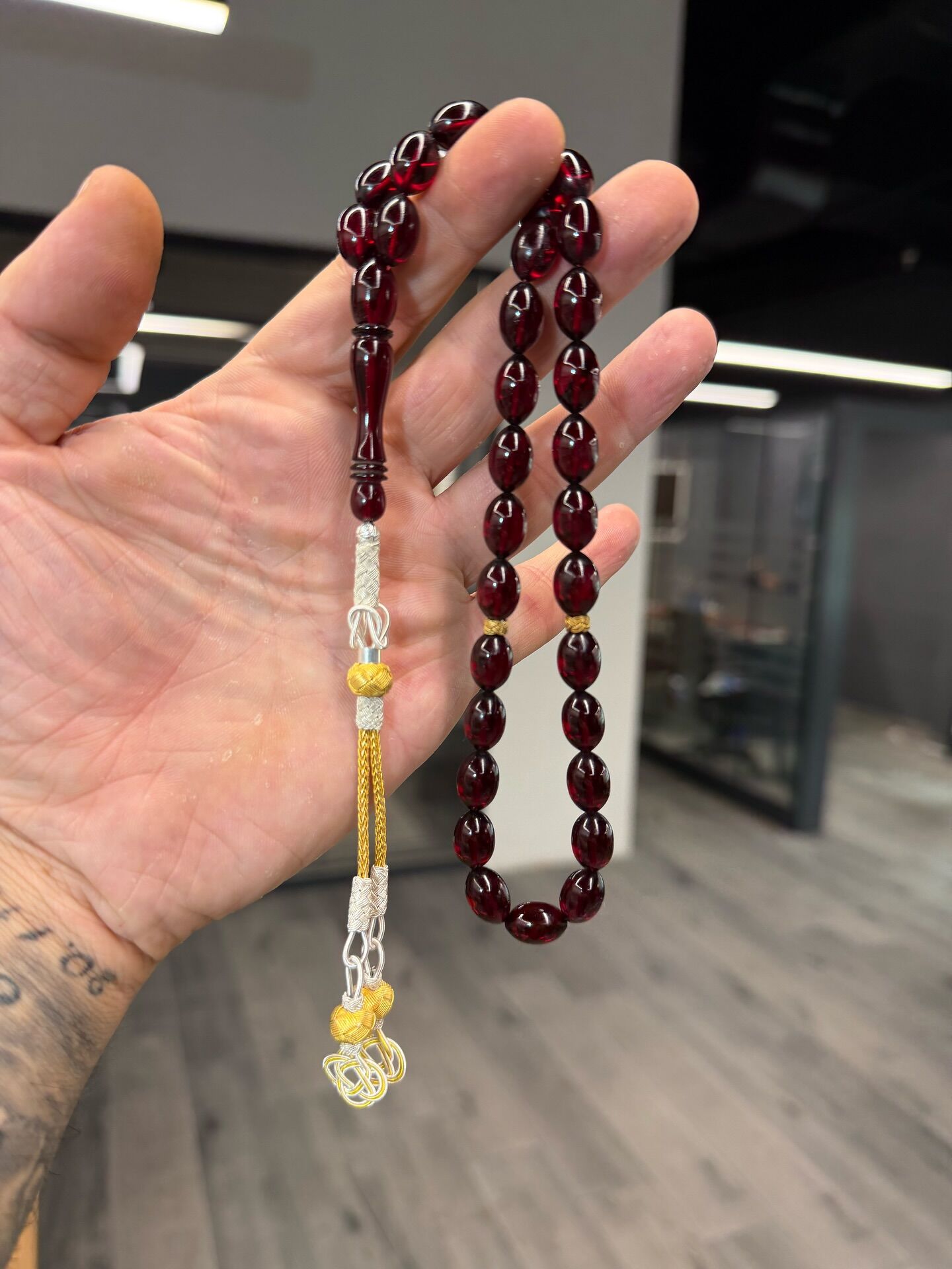 Kazaz Gümüş Püsküllü Ateş Kehribar Tesbih - Usta İşi Zarafet