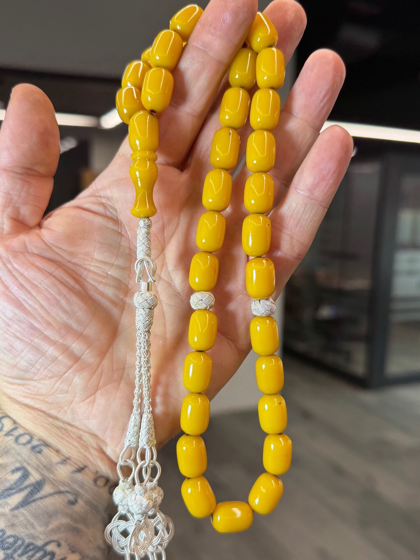 Usta İşçilikli Gümüş Kazaz Püsküllü Kehribar Tesbih