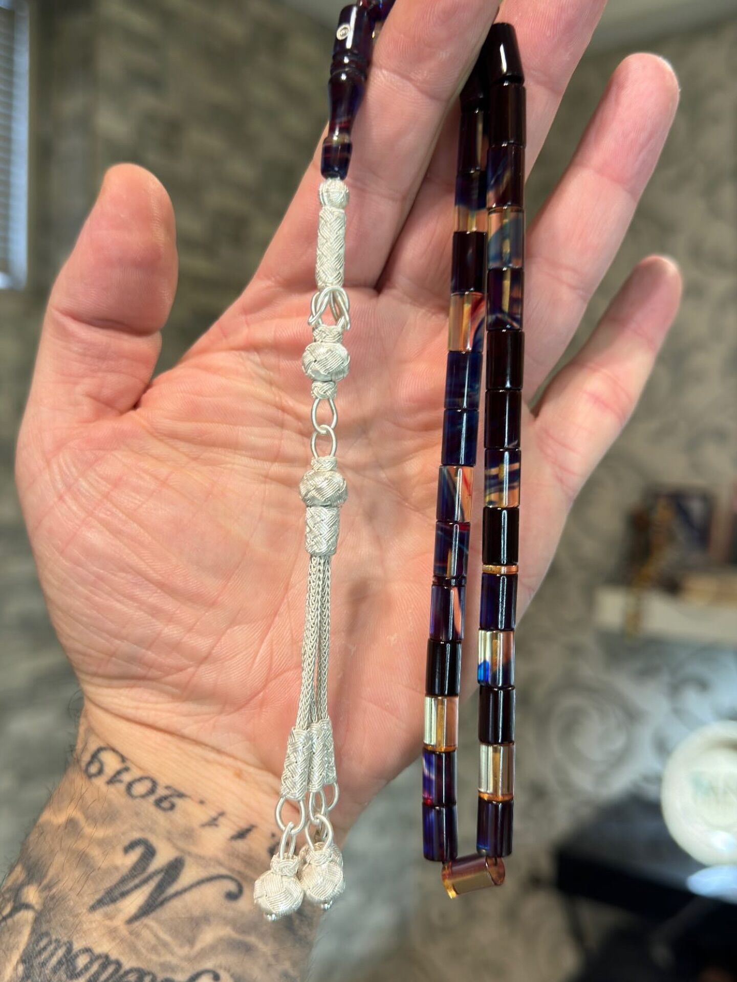 Kesme Model Gümüş Kazaz Püsküllü Kehribar Tesbih