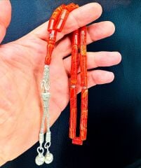 Kesme Model Renk Hareli Kehribar Tesbih - Gümüş Kazaz Püsküllü