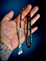 Kesme Model Renk Hareli Kehribar Tesbih - Gümüş Kazaz Püsküllü