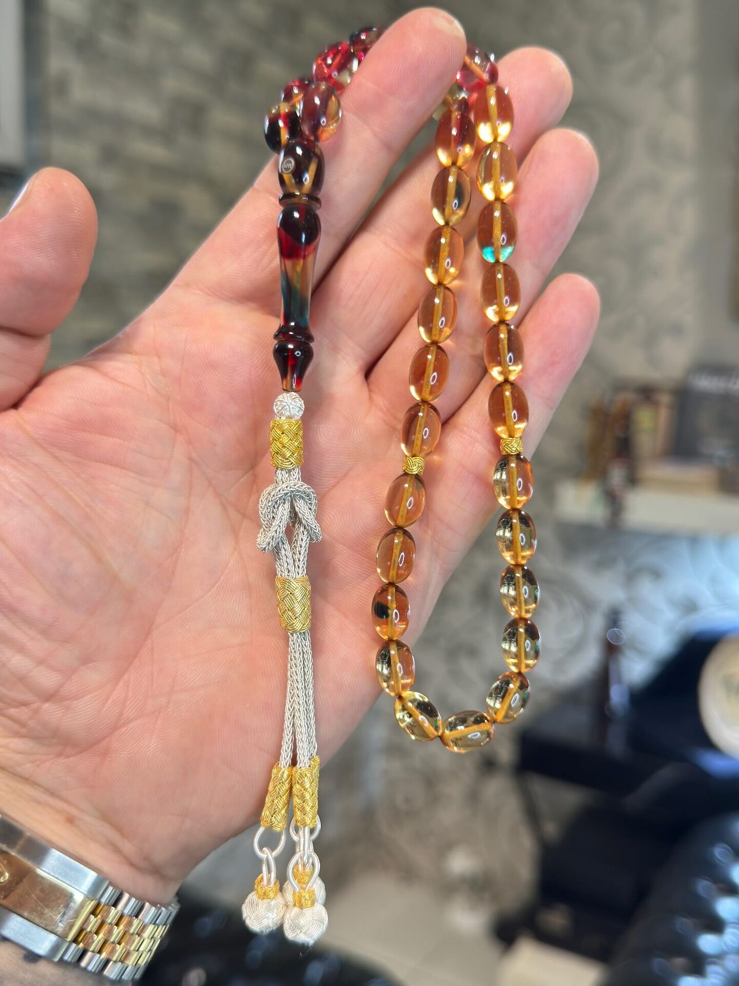 Usta İşçilikli Altın Rodajlı Kehribar Tespih