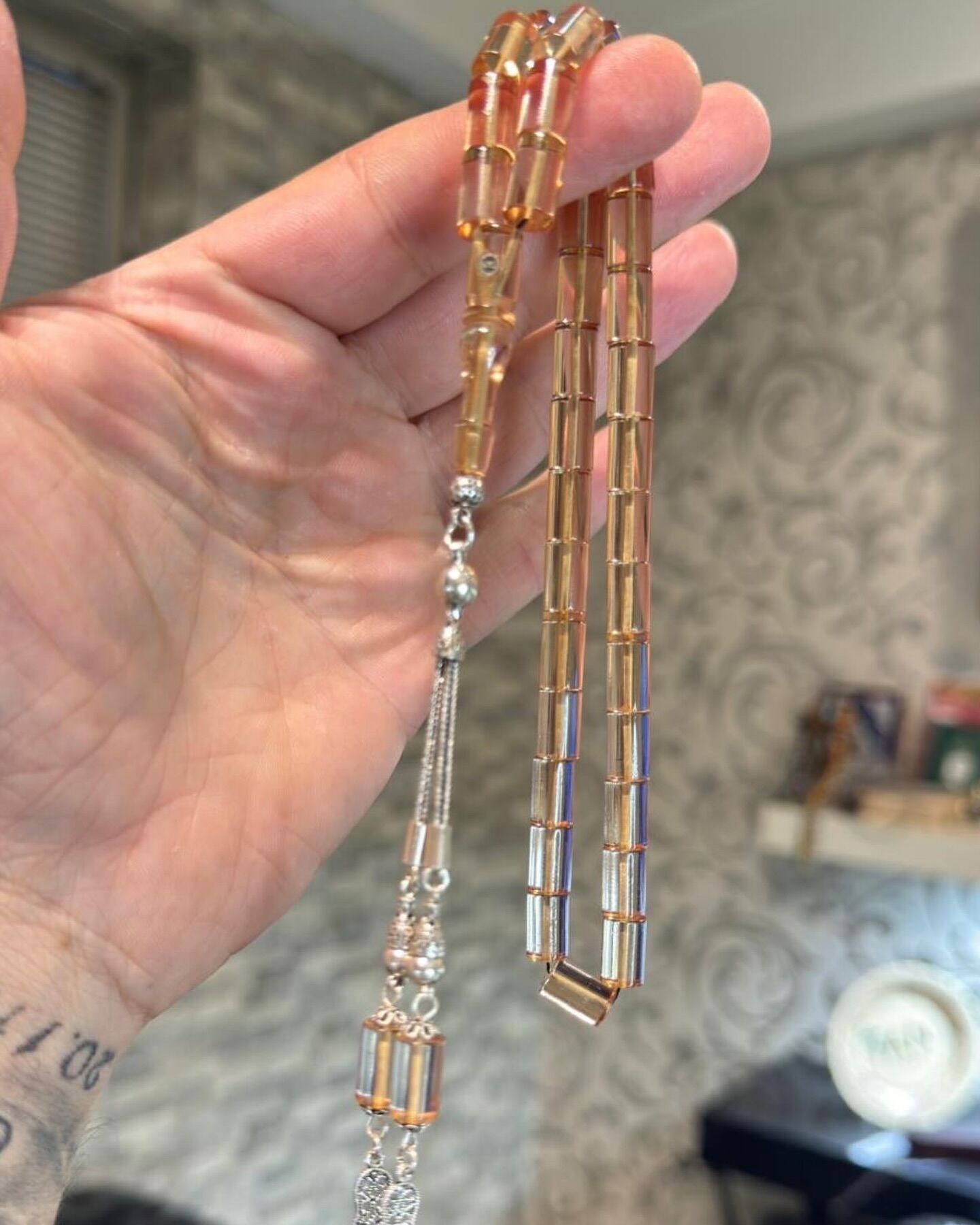 Gümüş Püsküllü Ateş Kehribar Tesbih