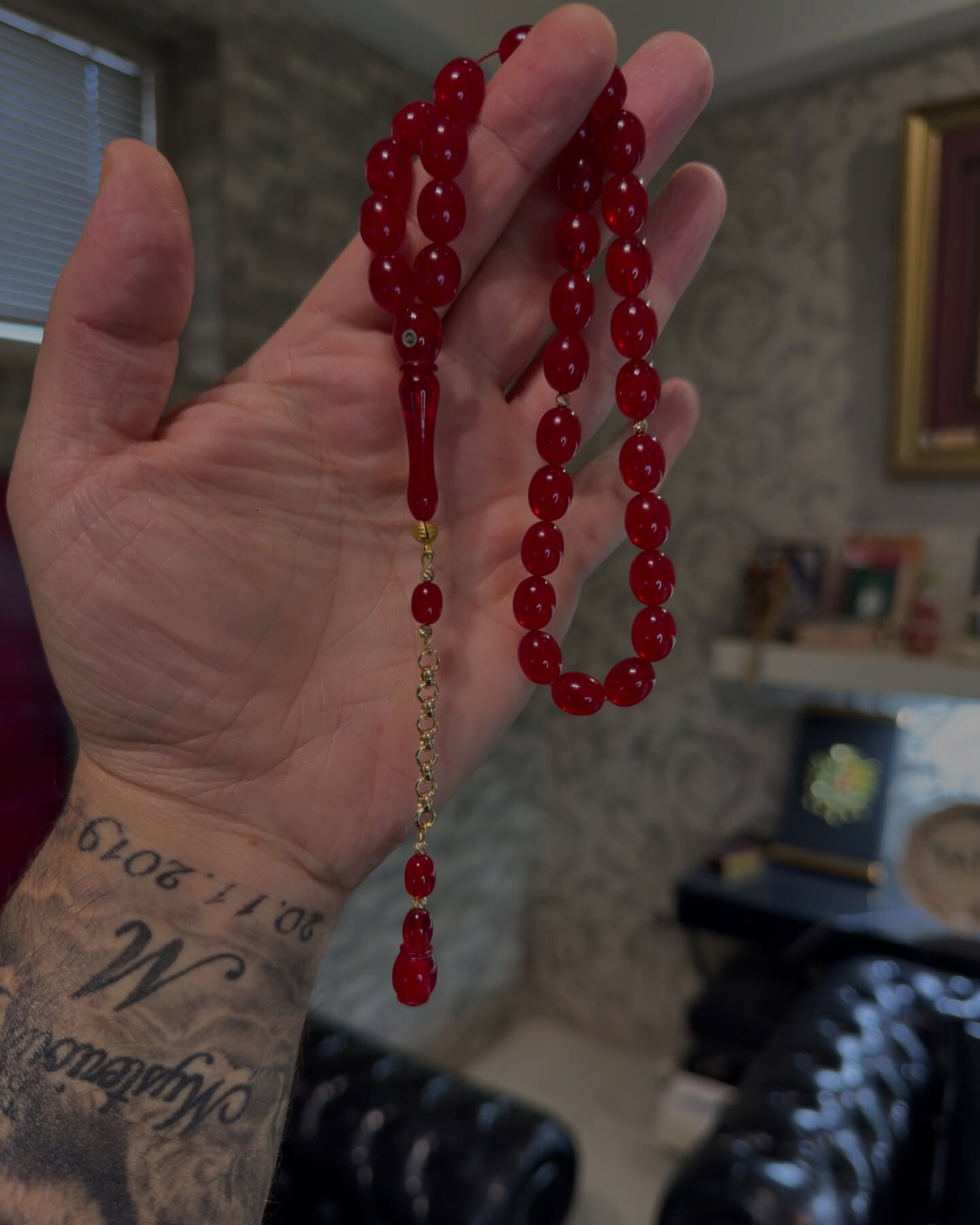 Altın Püsküllü Ateş Kehribar Tesbih - Usta İşi