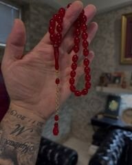 Altın Püsküllü Ateş Kehribar Tesbih - Usta İşi