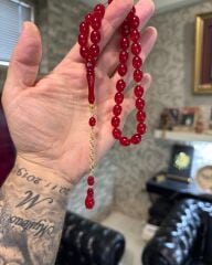 Altın Püsküllü Usta İşi Ateş Kehribar Tesbih