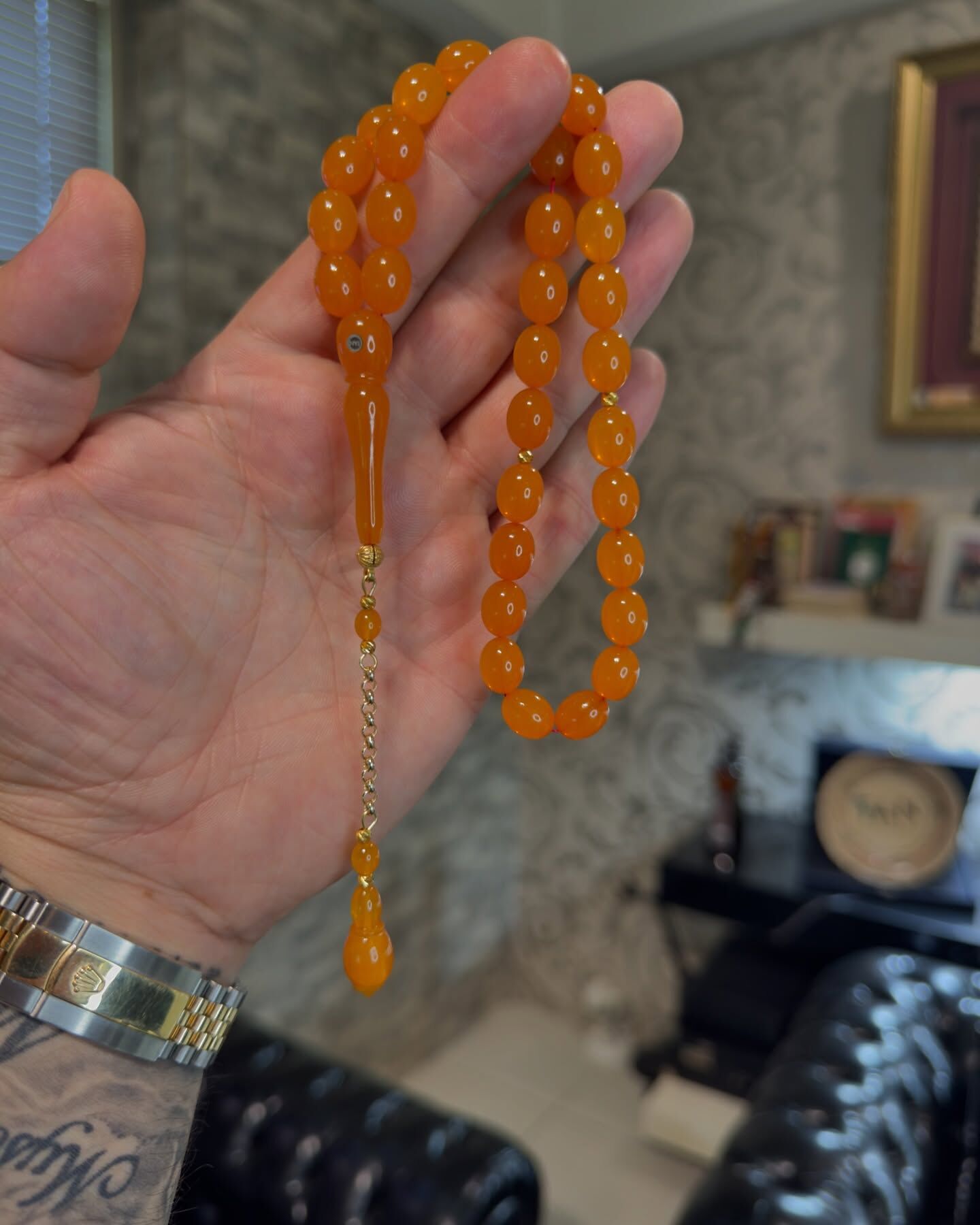 Altın Püsküllü Usta İşi Ateş Kehribar Tesbih