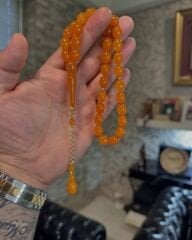 Altın Püsküllü Usta İşi Ateş Kehribar Tesbih