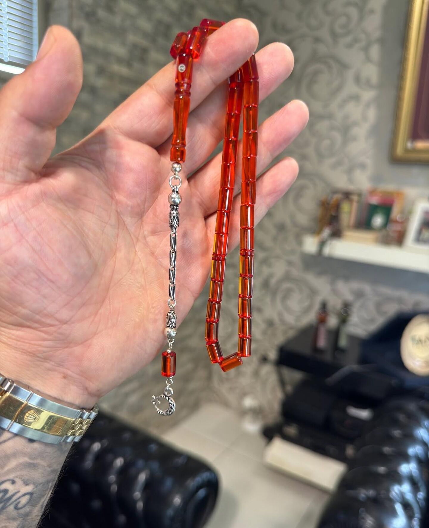 Altın Püsküllü Usta İşi Ateş Kehribar Tesbih